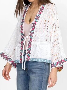 NWOT Johnny Was Nera Kimono Embroidered Eyelet Top White Tie Front Bohemian